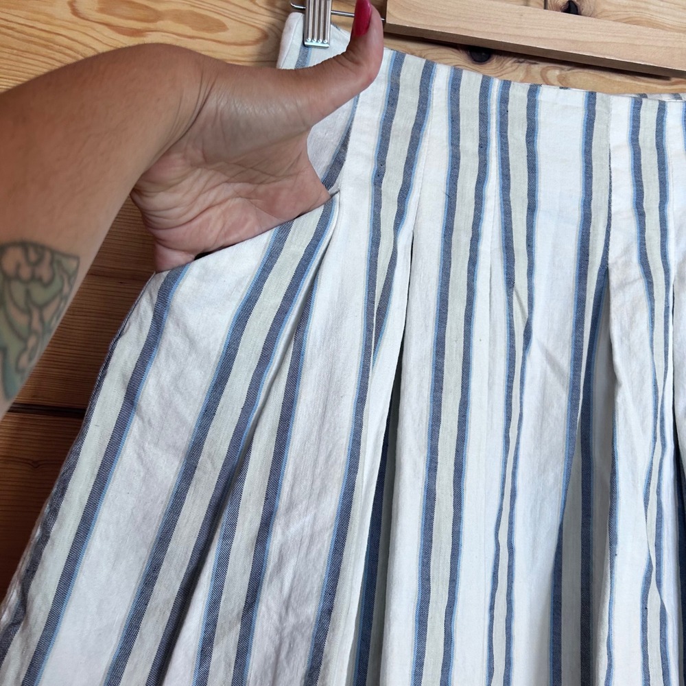 Linen Striped Pleated Mini Skirt Womens Medium Blue White Tennis Skater Zara - Picture 4 of 8